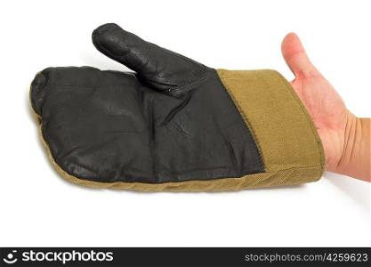 black leather gloves worn on the hand isolated on white