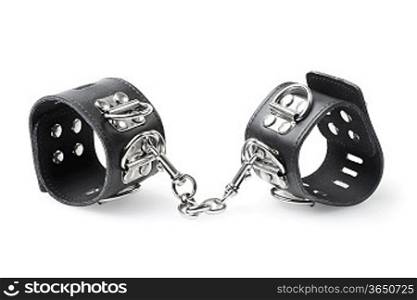 black leather handcuffs isolated on white background