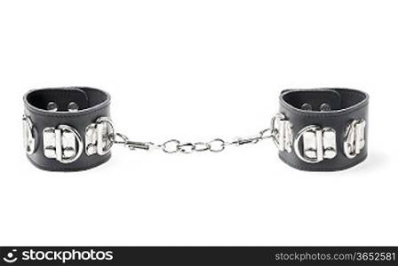 black leather handcuffs isolated on white background