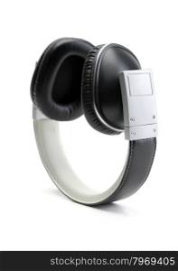 Black leather headphones. Isolate on white in studio.