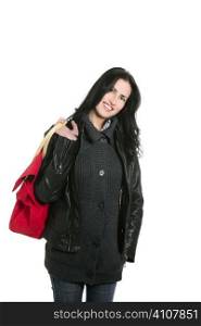 Black leather jacket shopper woman isolated on white