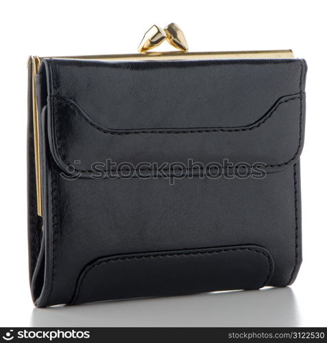 Black leather purse isolated on white background.