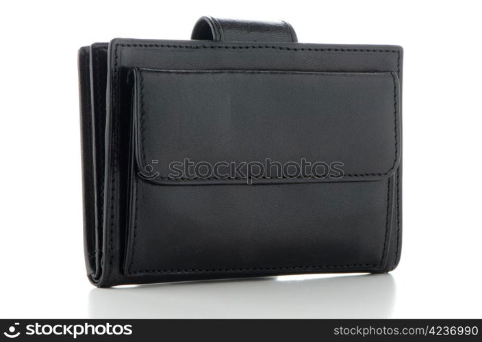 Black leather purse isolated on white background.