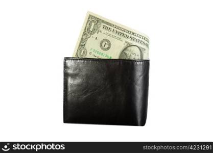 black leather wallet with dollar inside isolated on white background