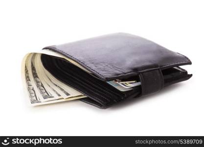 Black leather wallet with dollars and credit cards isolated