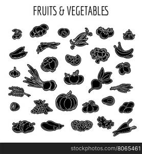 Black line fruit and vegetables icon. Black and white line fruit and vegetables icon set vector illustration