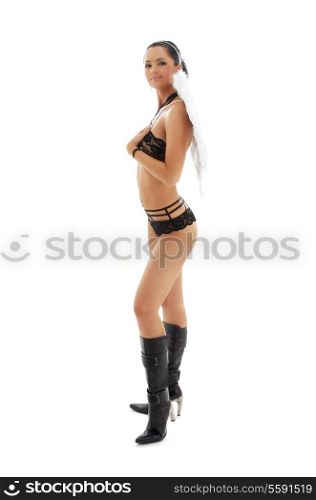 black lingerie angel girl in leather boots