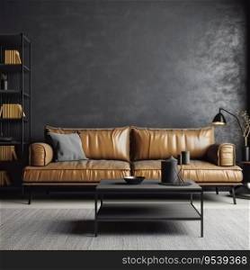 Black living room interior featuring a minimalist leather sofa