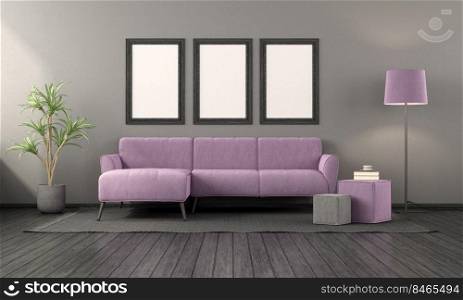 Black living room with purple sofa ,floor lamp and coffee table - 3d rendering. Poster mockup in a black living room with purple sofa on carpet