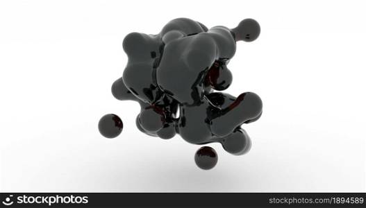 Black metaball 3d footage. Deforming organic rendering blob realistic animation. Fluid shape dissolving into small drops isolated on white background. Liquid molecule disintegrating 4k video. Black metaball 3d footage