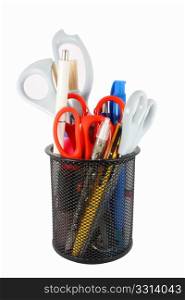 Black metal pencil cup filled with colorful used pens and scissors, isolated
