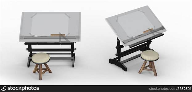 Black metallic drawing table with tools and stool , clipping path included&#xA;