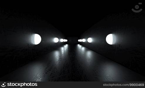 Black mirror space with slippery floor and a row of lights, computer generated. 3d rendering of abstract perspective backdrop. Black mirror space with slippery floor and a row of lights, computer generated. 3d rendering of perspective background