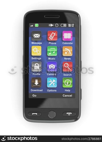 Black mobile phone on white isolated background. 3d