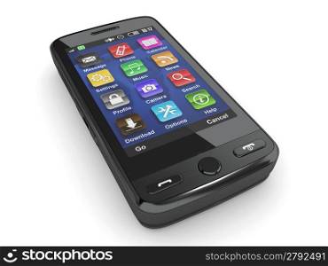 Black mobile phone on white isolated background. 3d