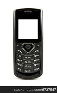 black mobile phone with the bright screen on white background