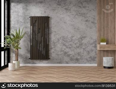 Black, modern heating radiator on grey concrete wall in contemporary room. Central heating system. 3D rendering. Black, modern heating radiator on grey concrete wall in contemporary room. Central heating system. 3D rendering.