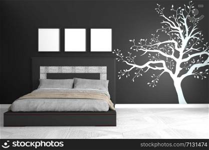 Black modern room - concept black wall graphic - bedroom black wall and white floor. 3D rendering