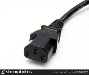 Black molded plastic or rubber power cord Know in UK as a &acute;Kettle Lead&acute; isolated against white background.
