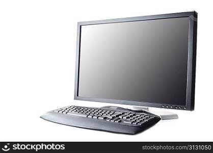 black monitor and keyboard on white background