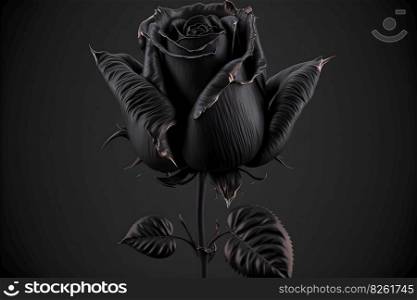 Black monochrome rose flower on deep dark background. Neural network AI generated art. Black monochrome rose flower on deep dark background. blue and purple color tones. Neural network generated art