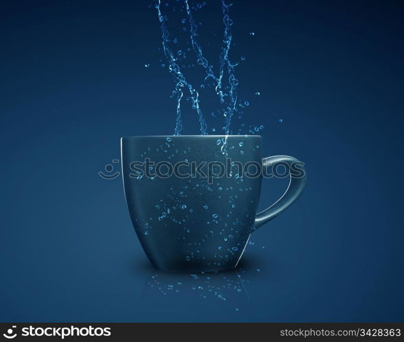 black mug with water splash on blue background.