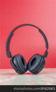 black musical headphones stylish on a red background