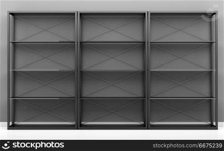 black office shelves in front of gray wall. 3d illustration