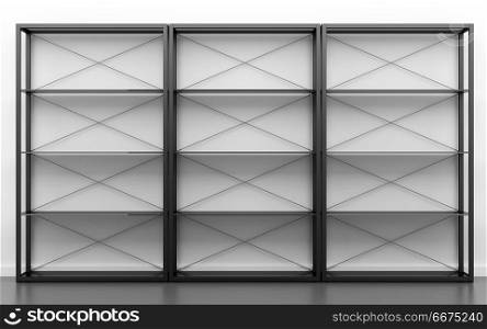 black office shelves in front of white wall. 3d illustration