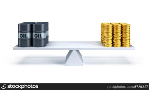 black oil barrels and money counterbalance each other on the scales