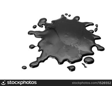 Black oil spill splash and drops on white background. Oil spill splash