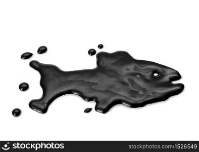 Black oil spill with shape of fish on white background. Oil spill fish