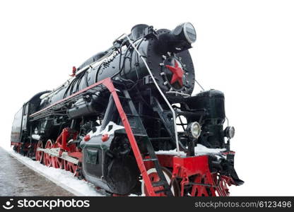 Black old soviet train locomotive isolated on white background