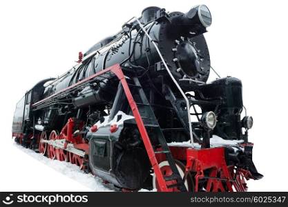 Black old train locomotive isolated on white background