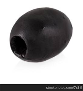 black olive in pool of oil on white background.