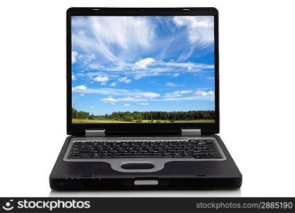 black opened notebook with landscape background isolated on white