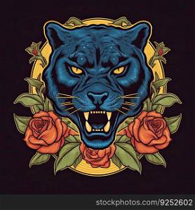Black panther head with rose and flower, in the style of vintage comic by generative AI