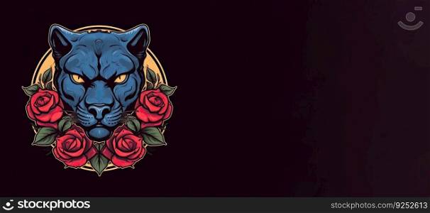 Black panther head with rose and flower, in the style of vintage comic by generative AI