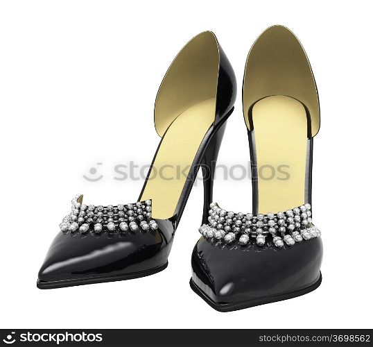 Black patent leather women&rsquo;s high heels closeup on a light background
