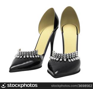 Black patent leather women&rsquo;s high heels closeup on a light background