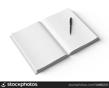 Black pen on white open book, on white background, concept