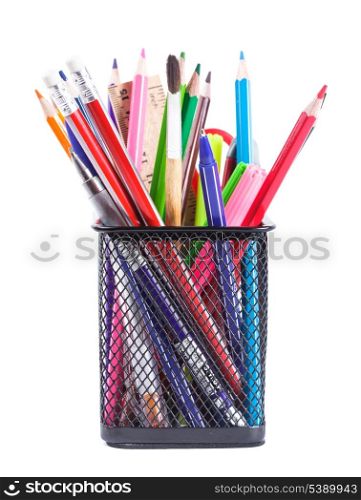 Black pencil cup with stationary isolated on white
