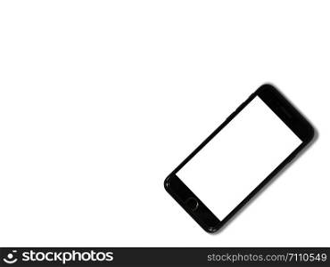 Black phone isolated on white background with copy space on the screen