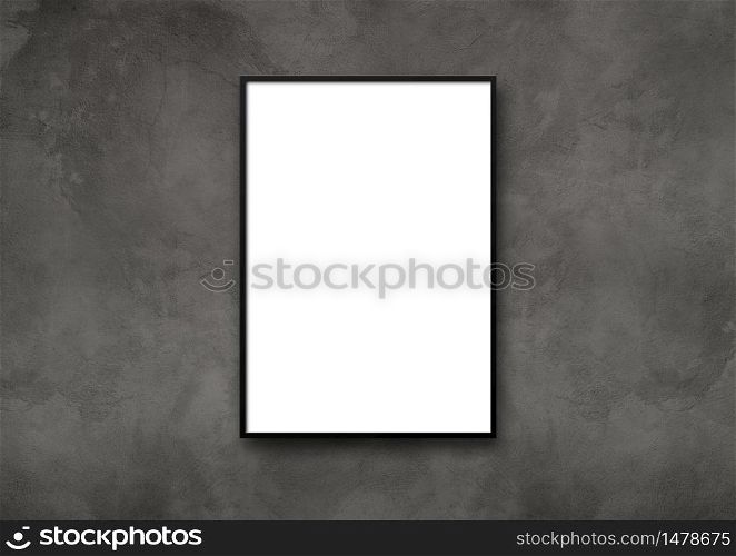 Black picture frame hanging on a dark concrete wall. Blank mockup template. Black picture frame hanging on a dark concrete wall