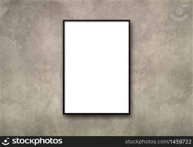 Black picture frame hanging on a light concrete wall. Blank mockup template. Black picture frame hanging on a light concrete wall
