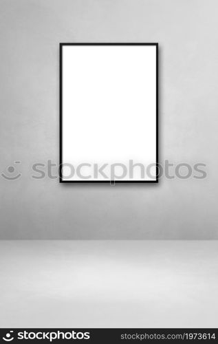 Black picture frame hanging on a light grey wall. Blank mockup template. Black picture frame hanging on a light grey wall