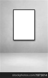 Black picture frame hanging on a light grey wall. Blank mockup template. Black picture frame hanging on a light grey wall