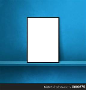 Black picture frame leaning on a blue shelf. 3d illustration. Blank mockup template. Square background. Black picture frame leaning on a blue shelf. 3d illustration. Square background