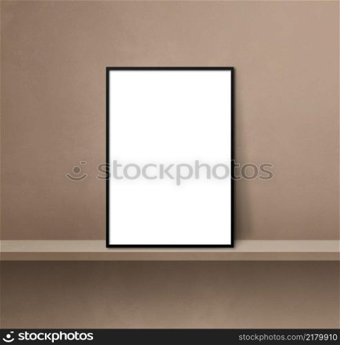 Black picture frame leaning on a brown shelf. 3d illustration. Blank mockup template. Square background. Black picture frame leaning on a brown shelf. 3d illustration. Square background