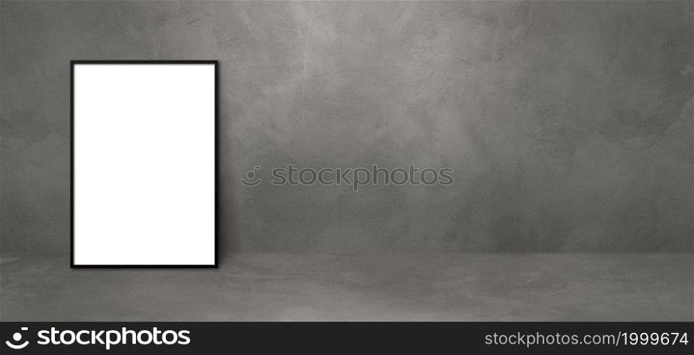 Black picture frame leaning on a dark concrete wall. Blank mockup template. Horizontal banner. Black picture frame leaning on a dark concrete wall. Horizontal banner